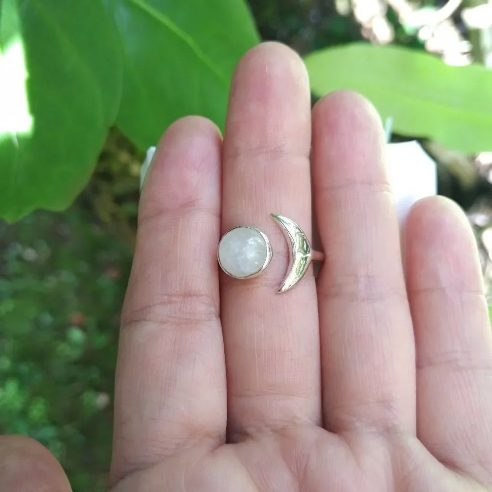 Shivam Moonstone and Silver Crescent Moon🌙 Ring - Picture 11 of 16